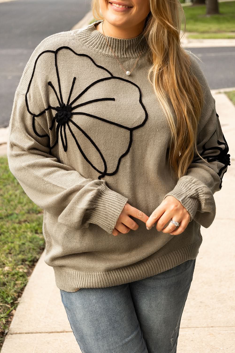 Dark Khaki Plus Size Big Flower Pattern High Neck Drop Shoulder Sweater - Love Salve